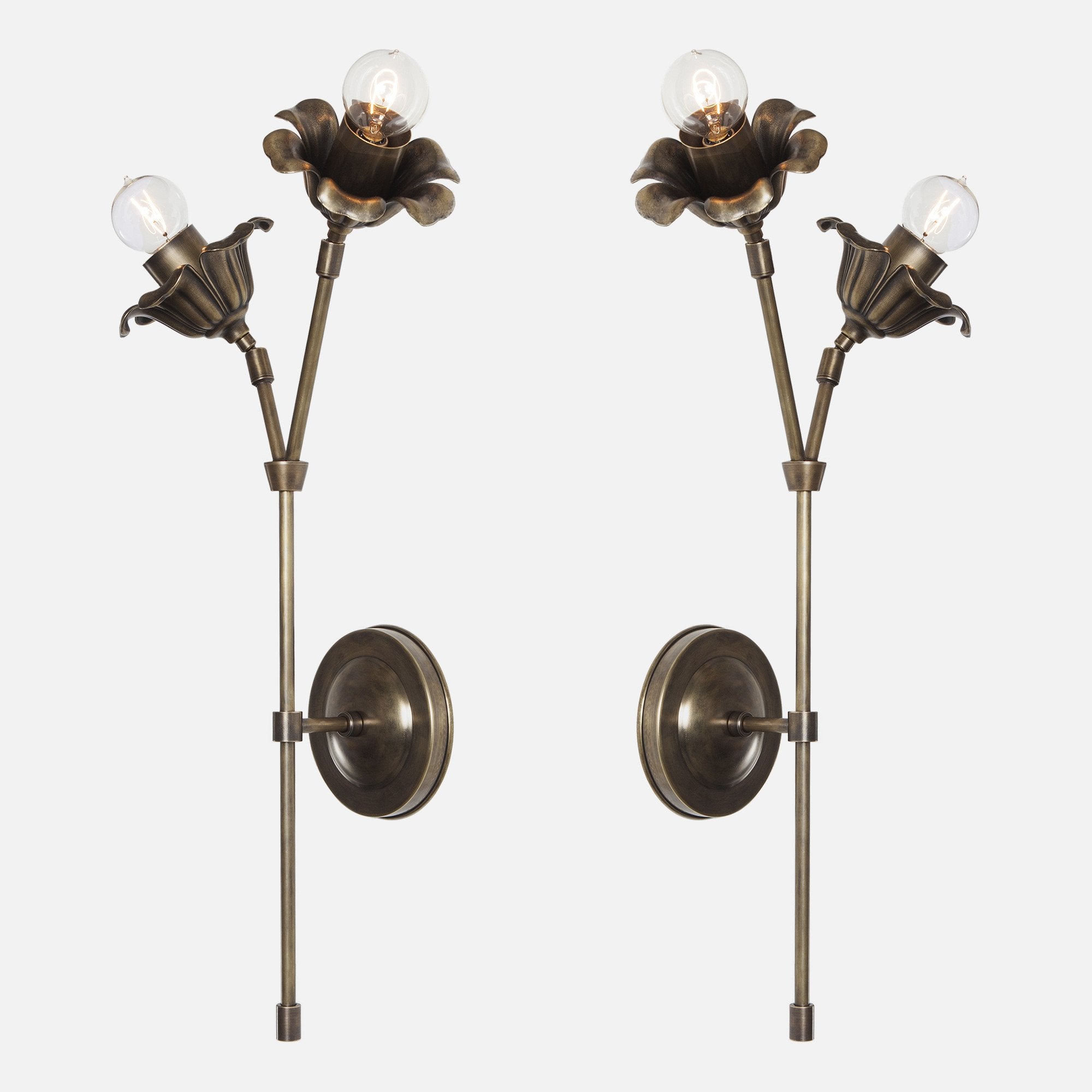 Bloom Double Stem Wall Sconce Mirrored Pair in Vintage Brass