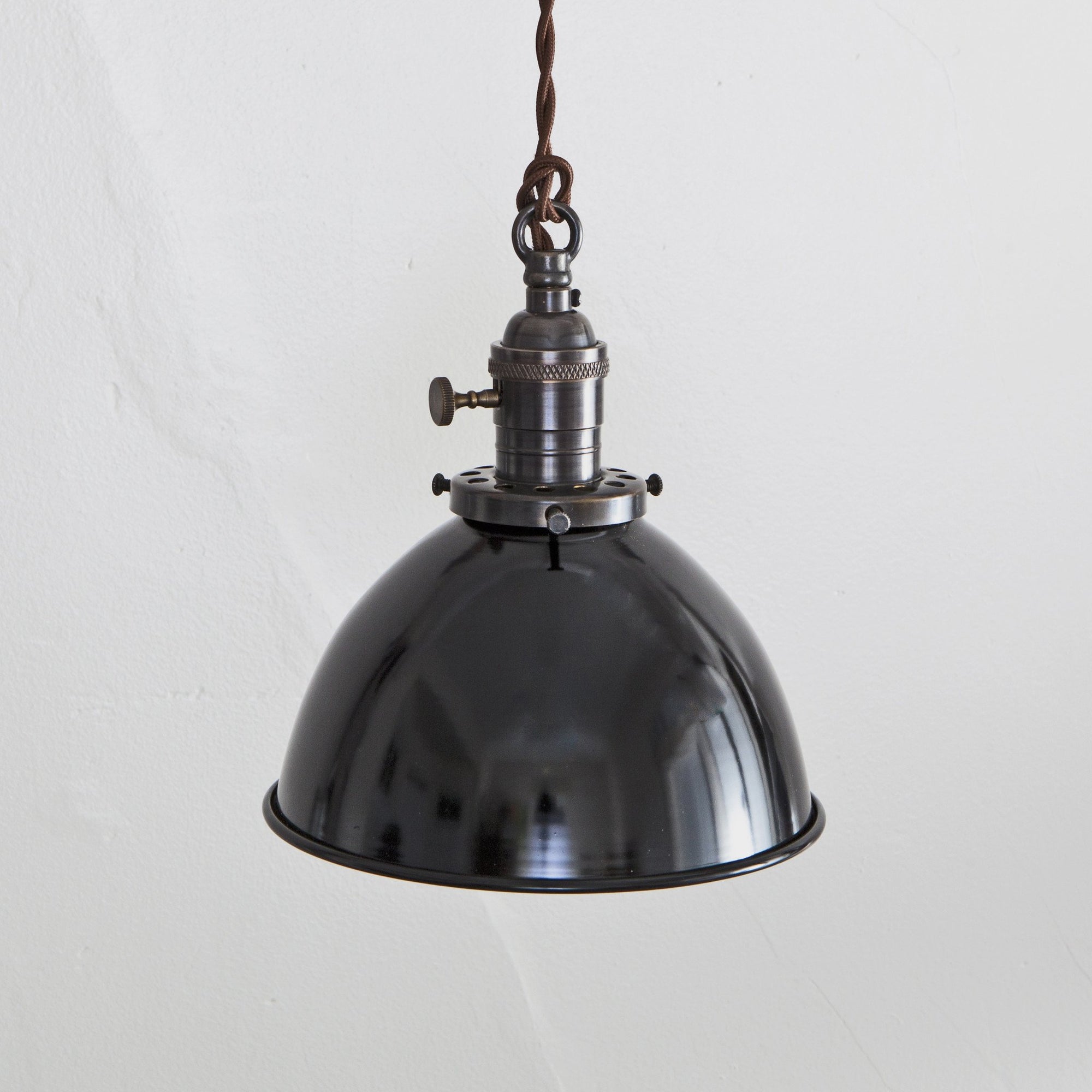 Black Porcelain Dome Shade Pendant Light - Brass Switch Socket