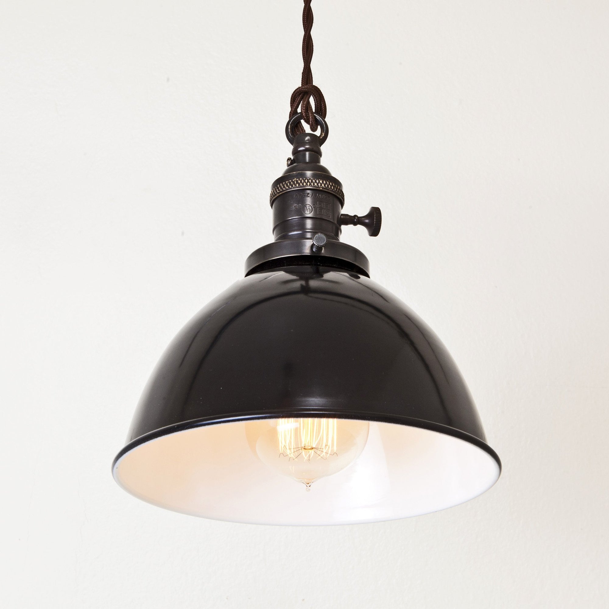 Black Porcelain Dome Shade Pendant Light - Brass Switch Socket - Detail