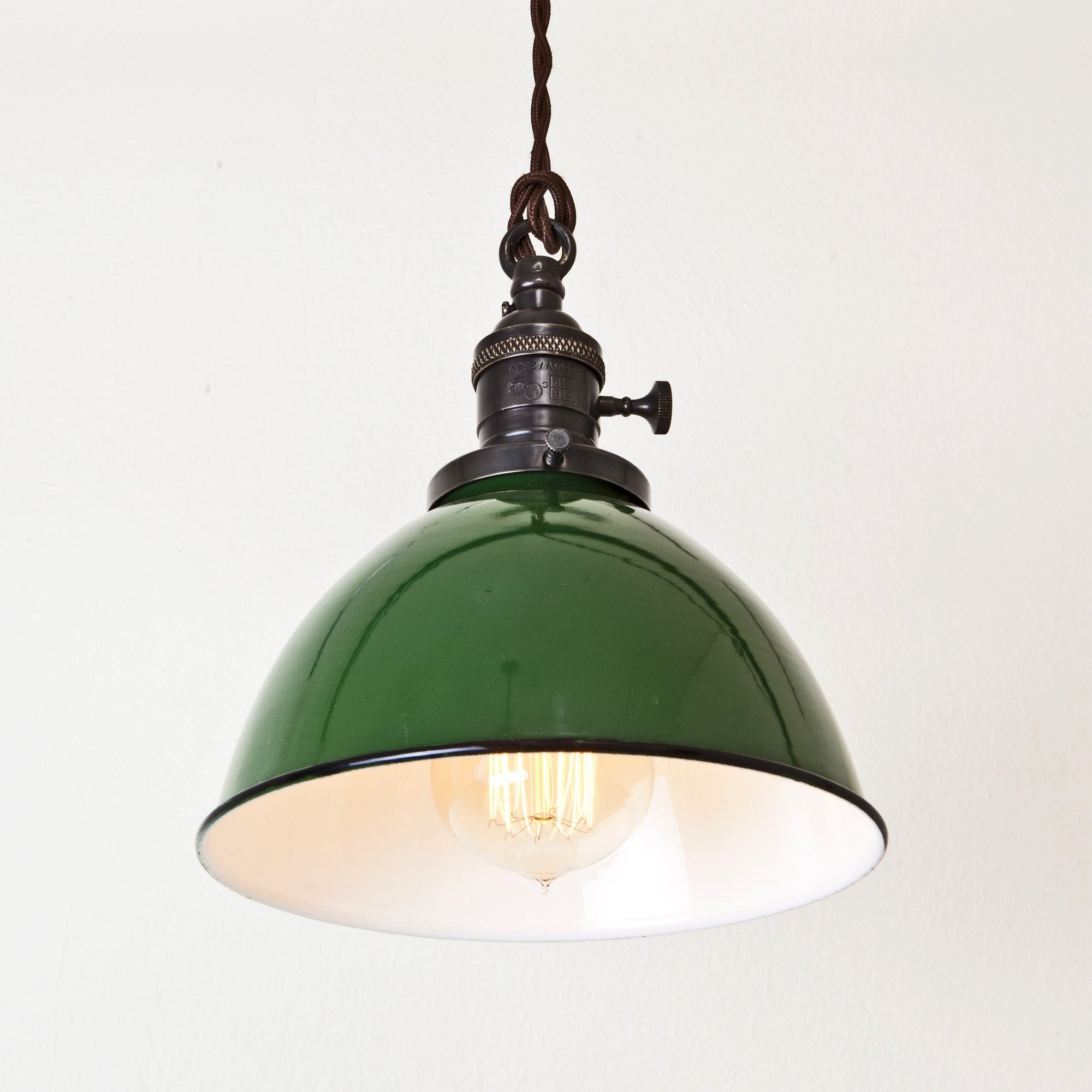 Green Porcelain Dome Shade Pendant Light - Brass Switch Socket - Detail