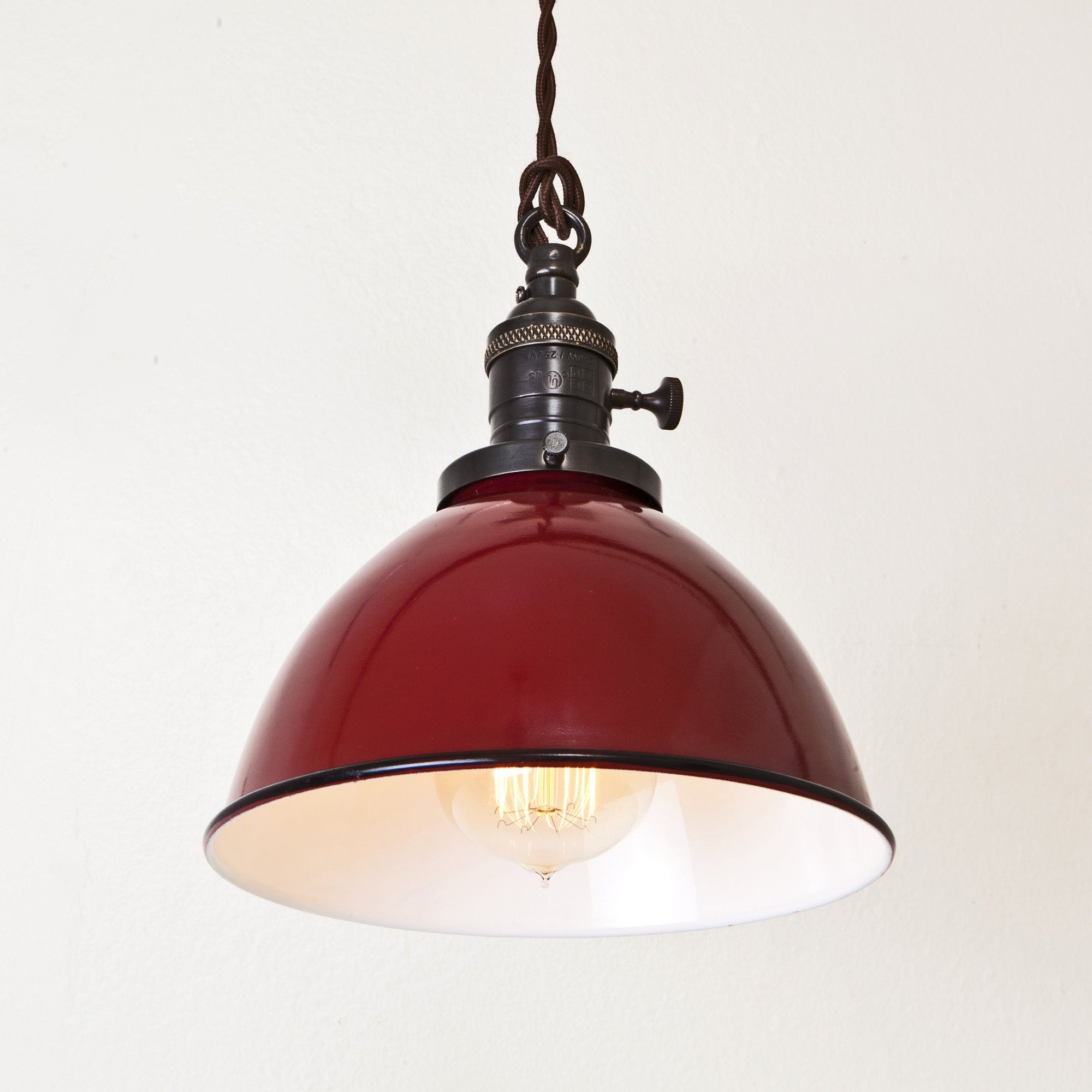 Red Porcelain Dome Shade Pendant Light - Brass Switch Socket - Detail
