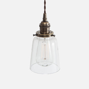 Vintage Socket Pendant Light - Clear Glass Straight Bell Shade - Vintage Brass Patina