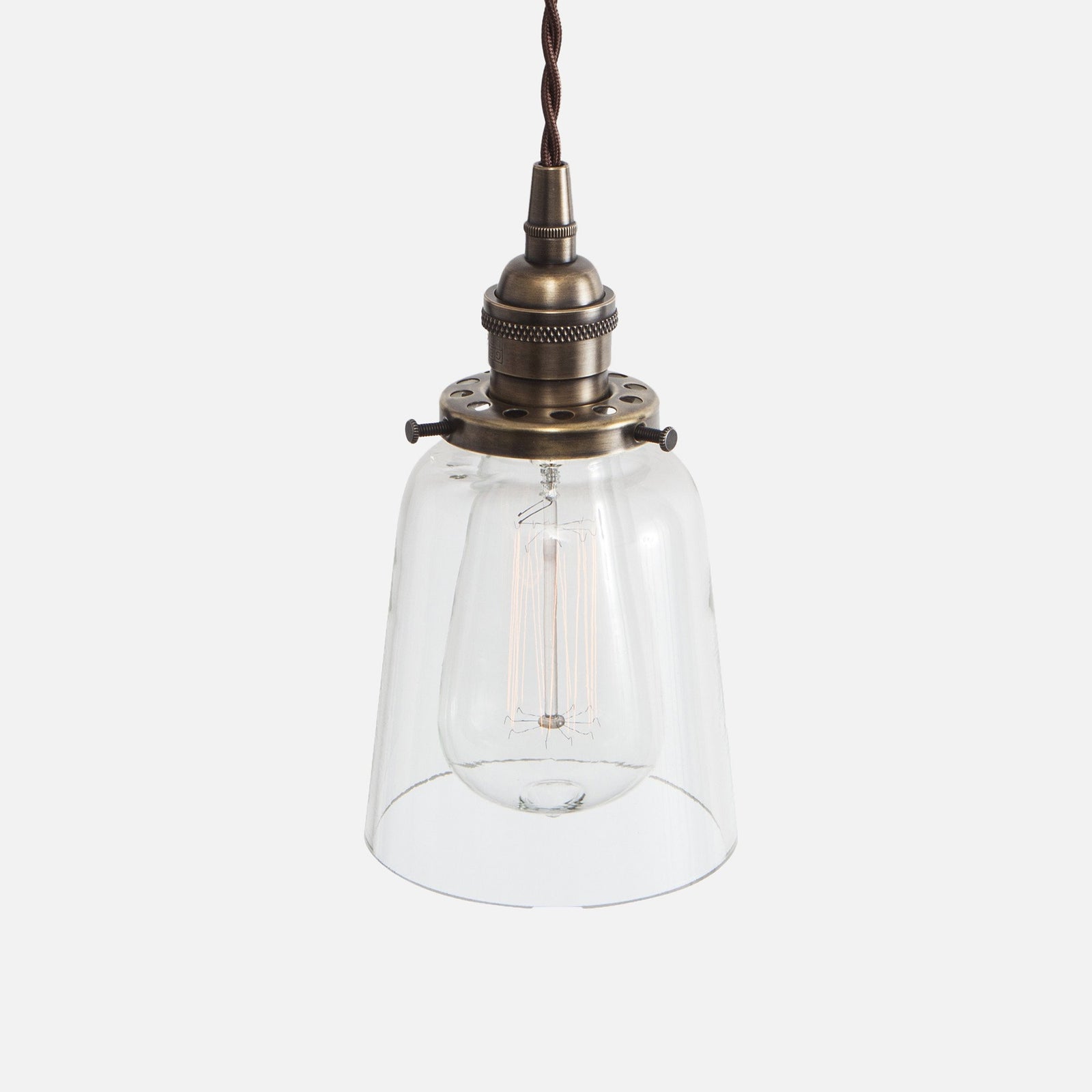 Vintage Socket Pendant Light - Clear Glass Straight Bell Shade - Vintage Brass Patina