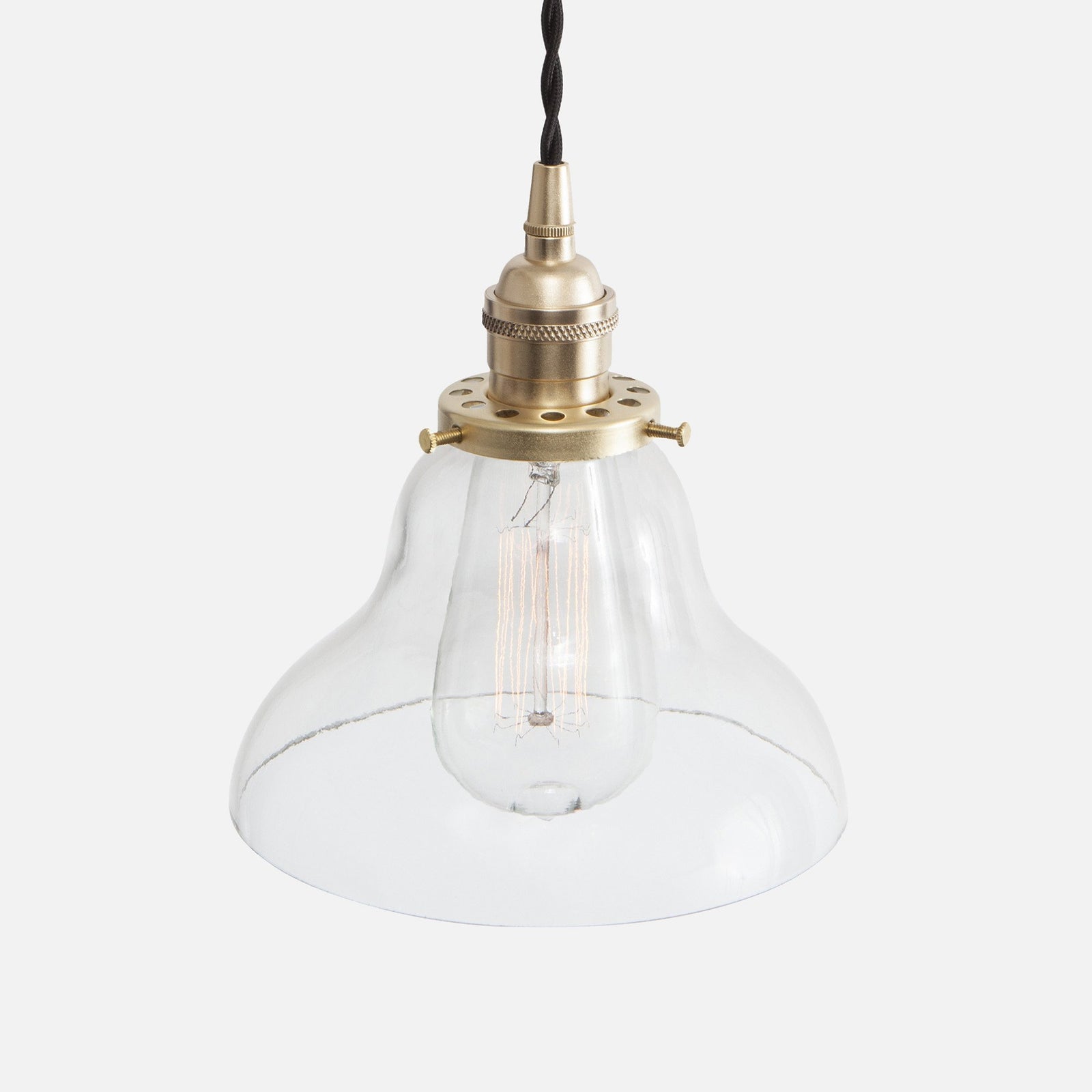 Vintage Socket Pendant Light - Clear Glass Curved Bell Shade - Raw Brass Patina