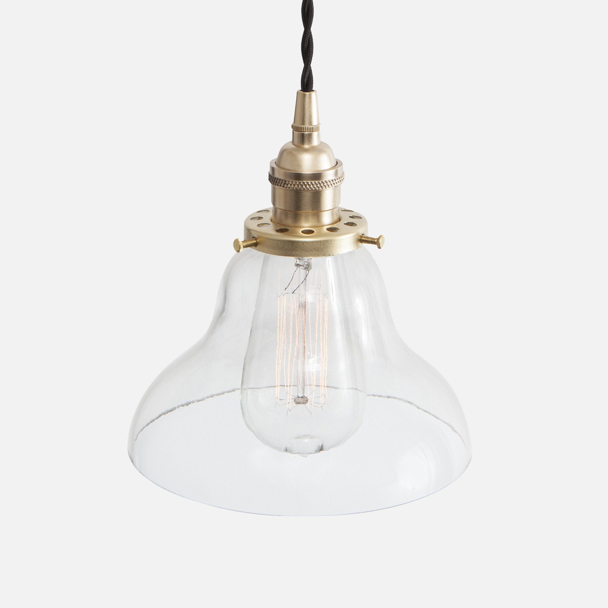 Vintage Socket Pendant Light - Clear Glass Curved Bell Cone Shade - Raw Brass Patina